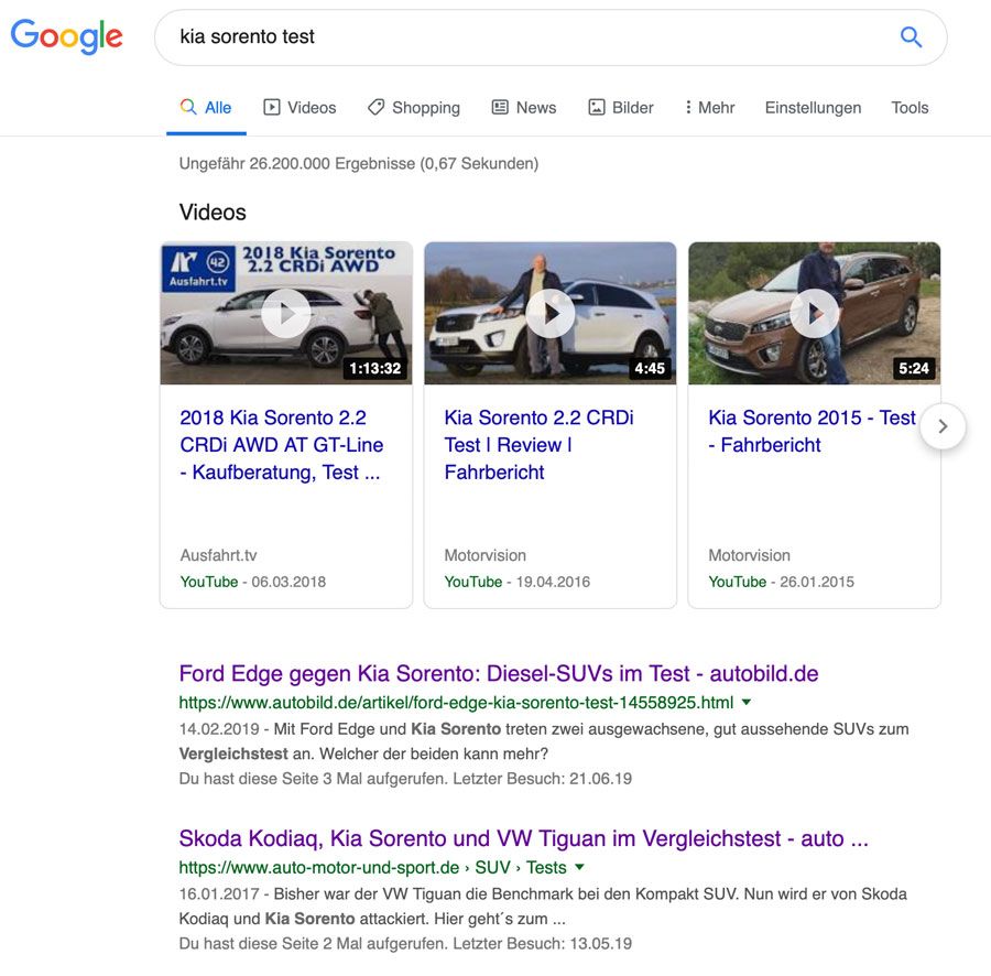 Google Snippet Vorschau. Über YouTube Videos kann dein Blog auf Platz 0 ranken.