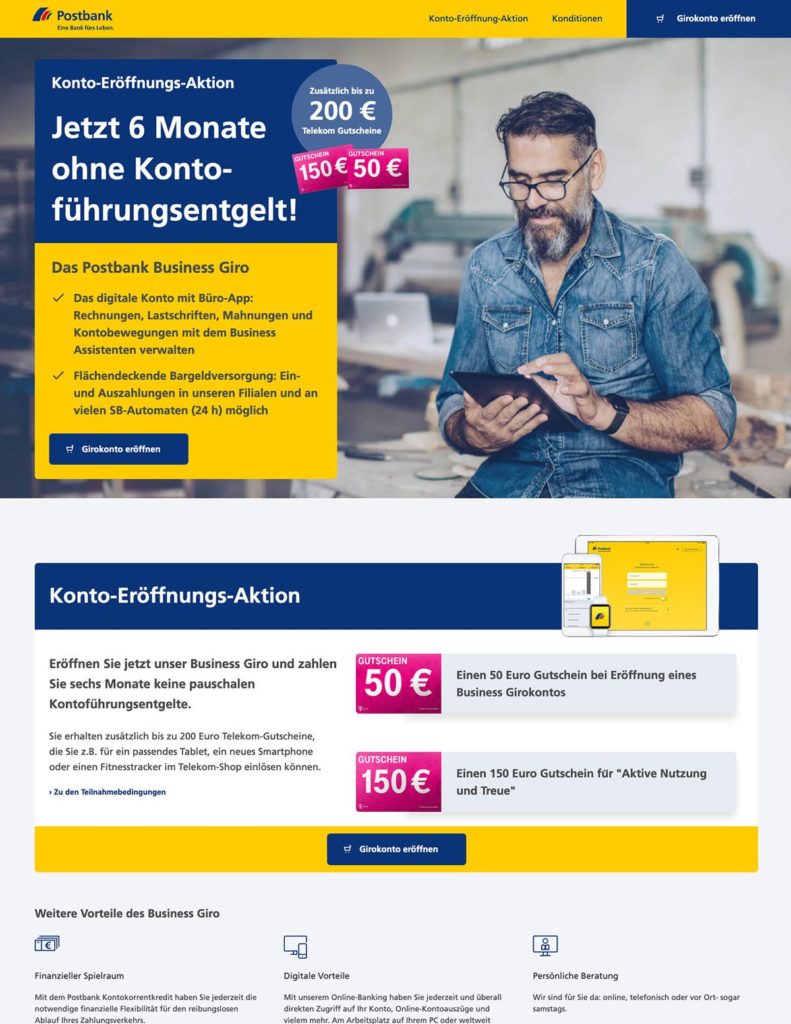 B2B Kampagnenseite für ein Geschäftskonto