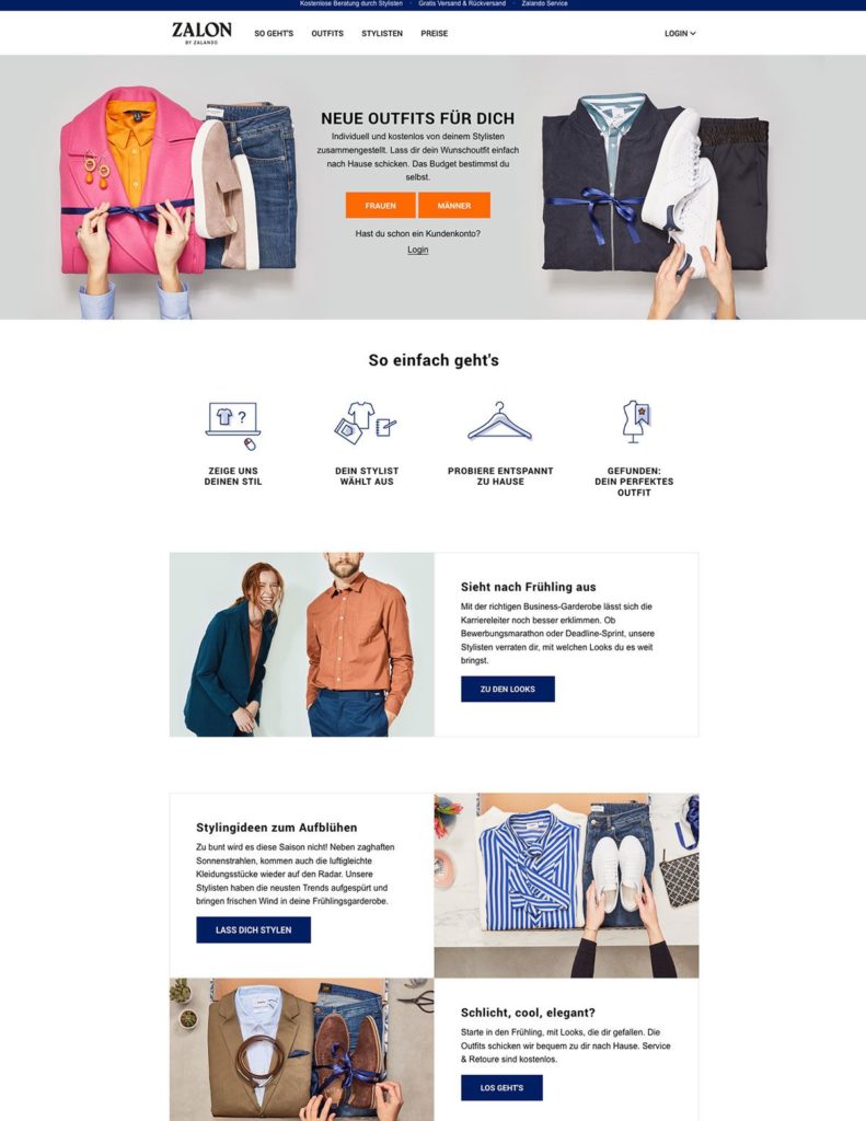 Beispiel für eine Shopping Landing Page von Zalon