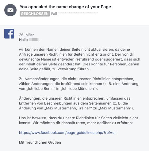 Facebook Seitennamen ändern abgelehnt