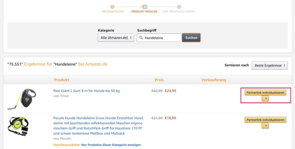 Produktlink im Amazon Partnerbereich erstellen